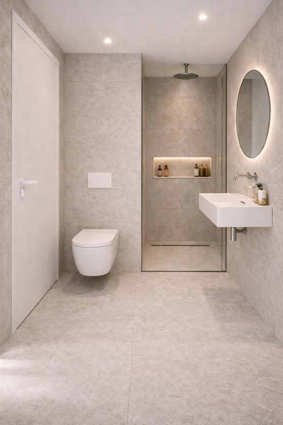 Bad mit bodengleicher Dusche und wandhängendem Waschtisch